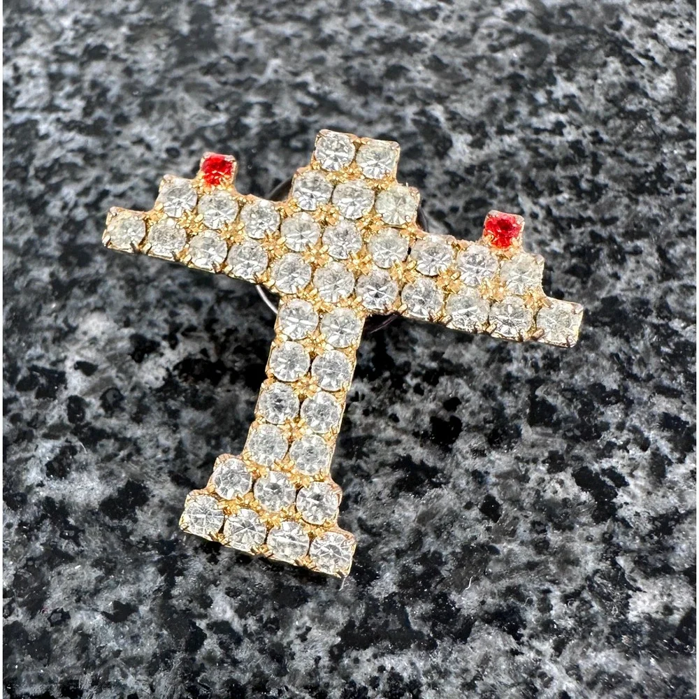 Vintage Rhinestone Airplane Brooch Gold Tone Aircraft Pin Red Lights‎ Aviation